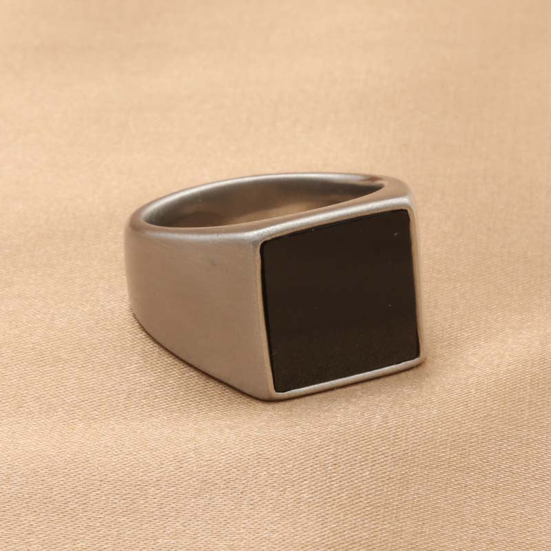 Men's Retro Titanium Steel Black Gemstone Square Ring - Trendy Epoxy Design, Available in Sizes 7-13