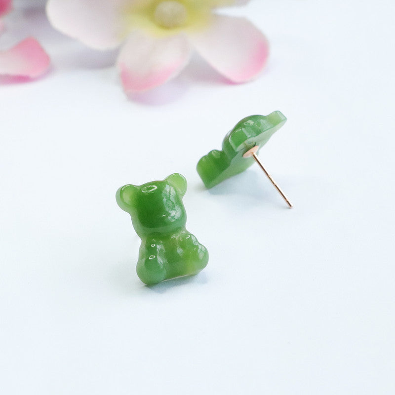 Hetian Jade Bear Stud Earrings with Sterling Silvercaffold