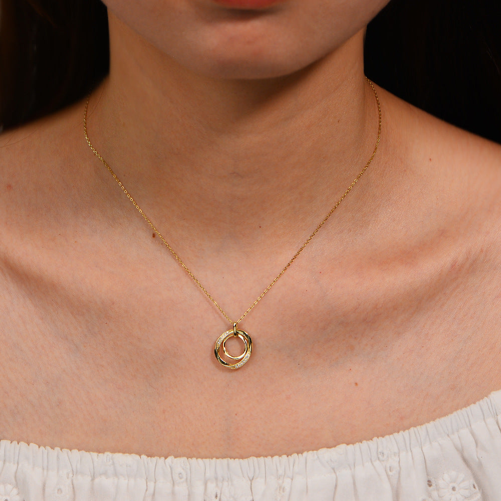 Planderful S925 Sterling Silver Zircon Necklace For Women Retro Light Luxury Double Ring Circle Collarbone Chain