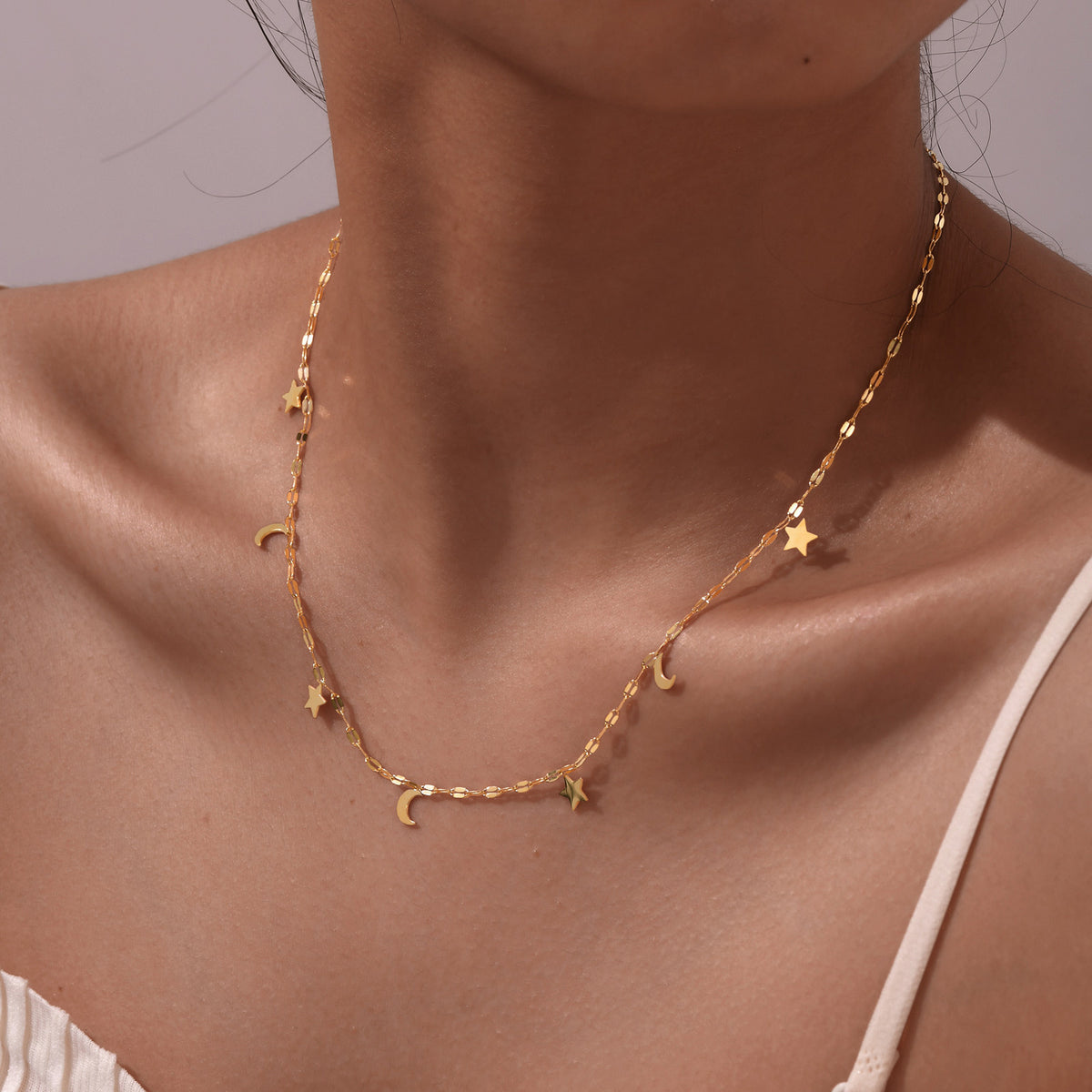 Ladies Stainless Steel Lip Chain Star Moon Necklace Gold