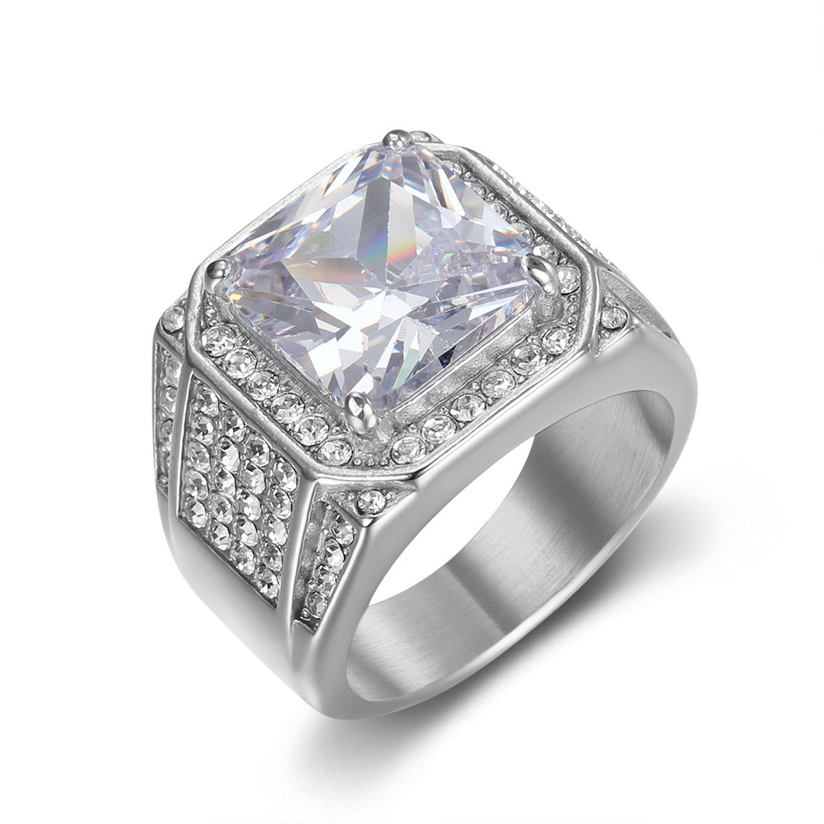 Planderful Titanium Steel Ring Gold Plated Zircon Inlay Luxury Unisex Hip Hop Statement