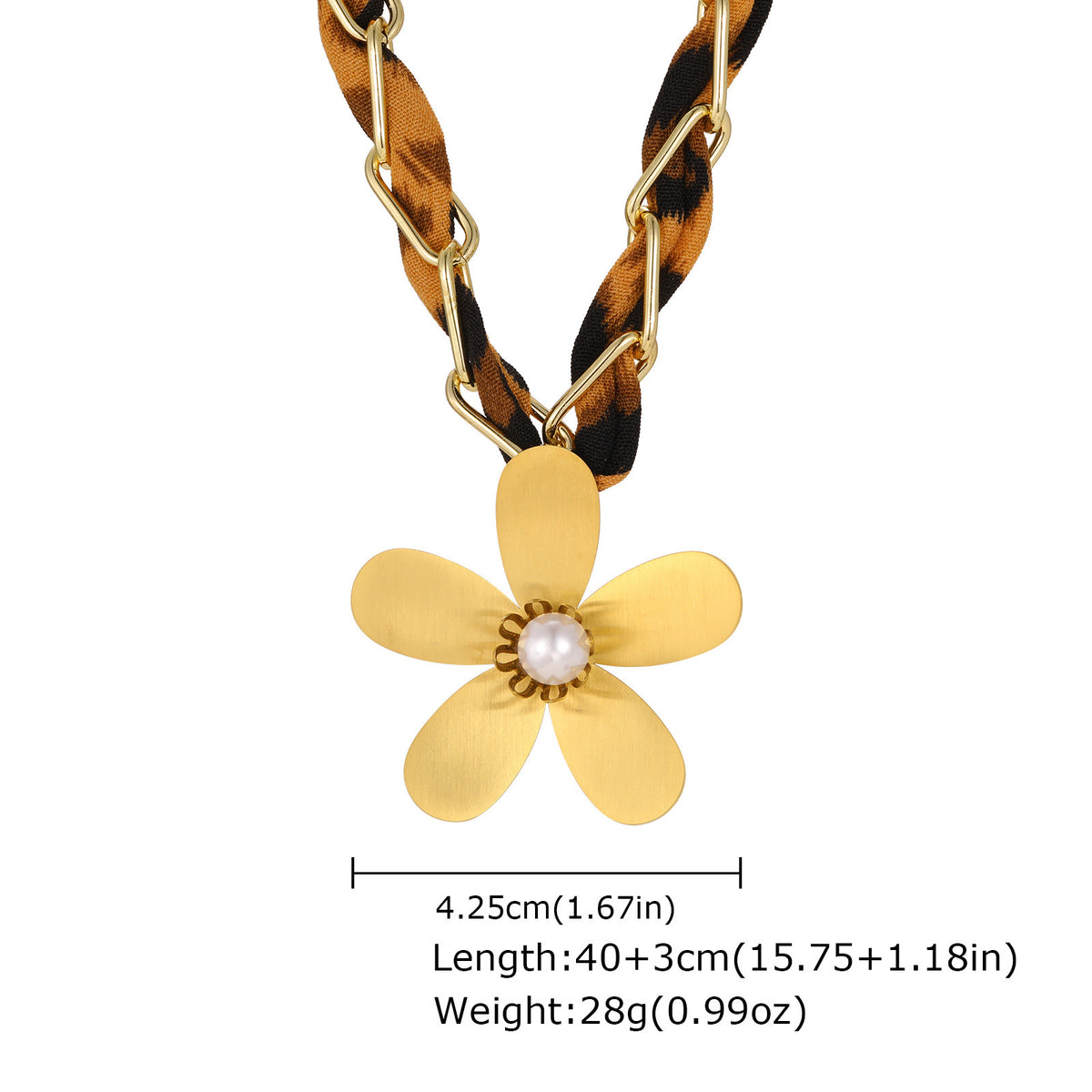 Stainless Steel Irregular Disc Leopard Print Leather Rope Sunflower Leaf Design Necklace