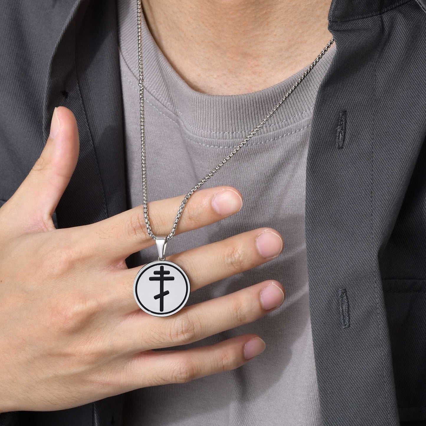 Cross-Border Stainless Steel Round Pendant Necklace for Men
