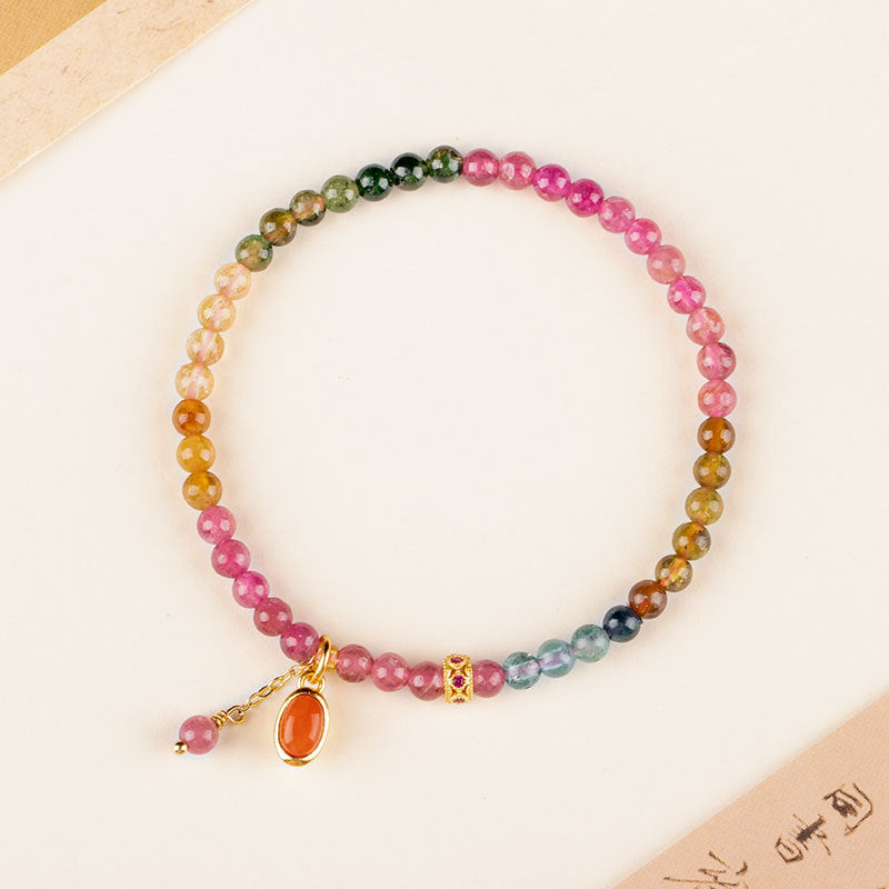 Luxurious S925 Sterling Silver Bracelet with Natural Rainbow Tourmaline and Red Agate