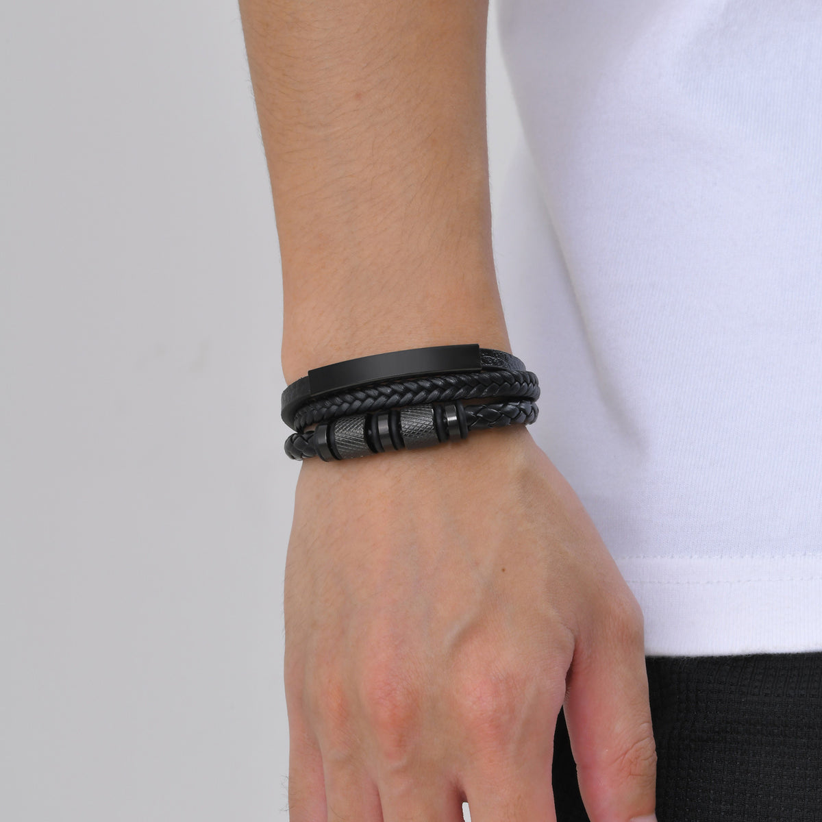 Stainless Steel Bent Through Black Pu Leather Triple Bracelet Men's