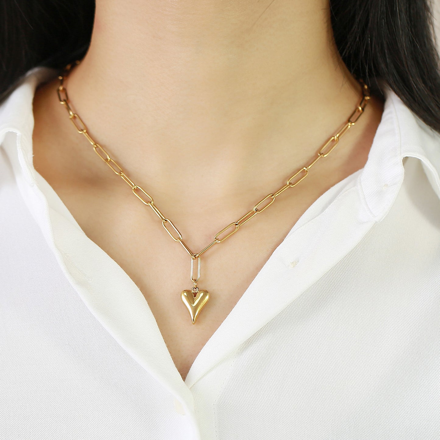 Stainless Steel Heart-Shaped O-Chain Necklace Gold Pendant