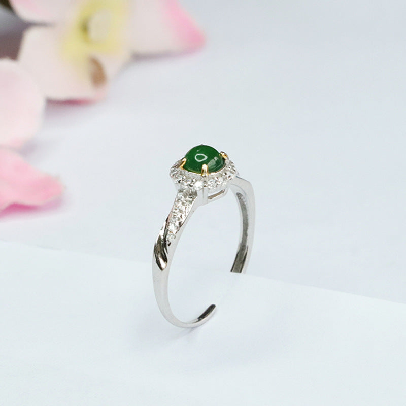 Emperor Green Jade Sterling Silver Zircon Ring With Adjustable Opening