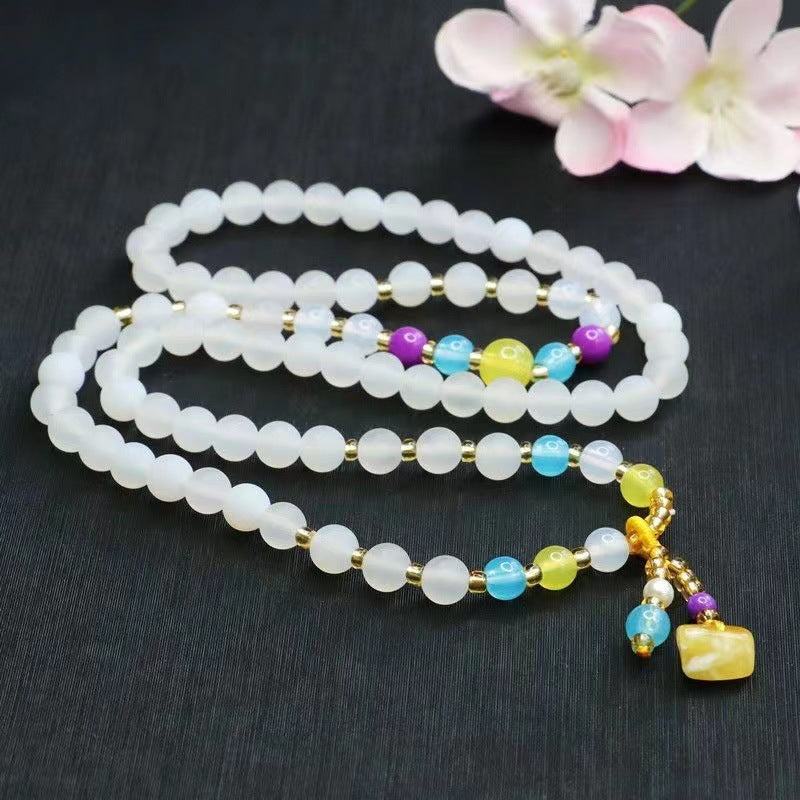 Colorful Agate Tassel Bracelet with White Chalcedony Circles