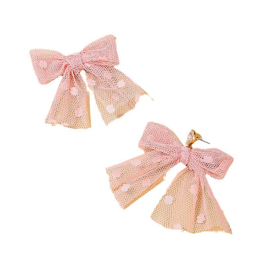 Pink Mesh Bow Statement Earrings - Wholesale Women's Fashion Pieces, Planderful Collection - Vienna Verve