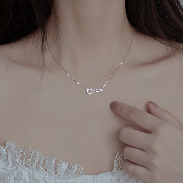 Planderful Sterling Silver Cat and Fish Necklace for Women Elegant Light Luxury Jewelry