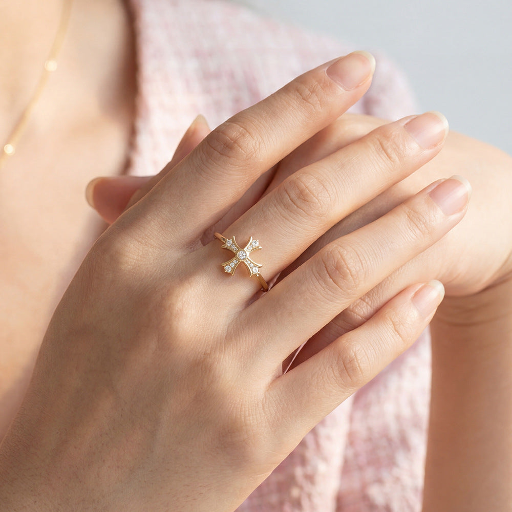 S925 Sterling Silver Zircon Cross Ring Retro Ring