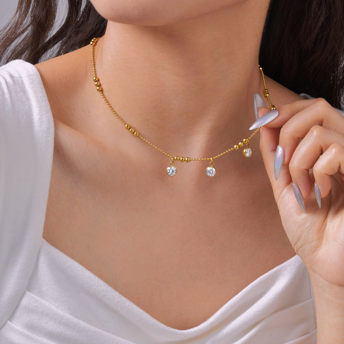 Wind Lady Collarbone Chain – Stainless Steel Bead Chain 3 Zircon Necklace