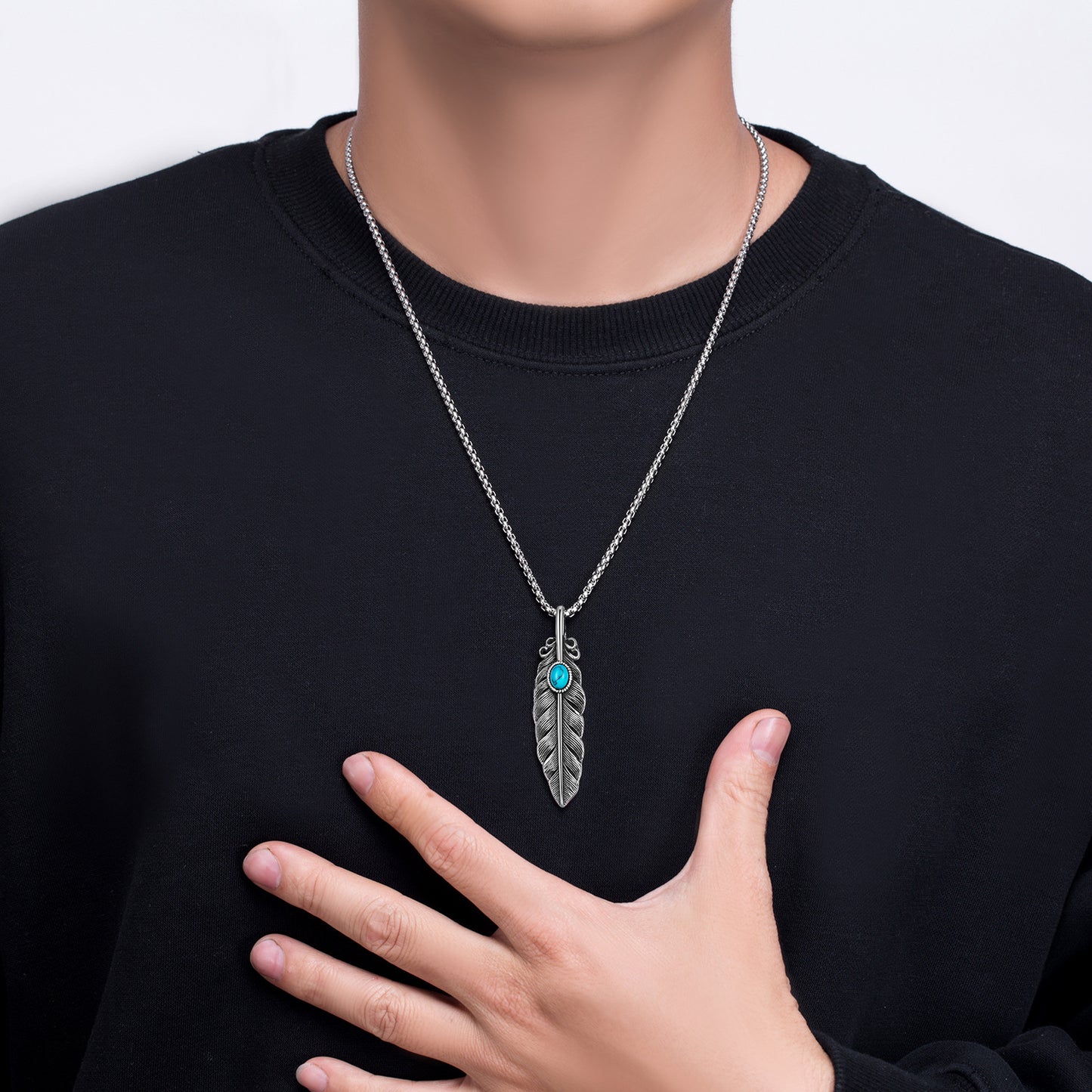 Steel Necklace – Vintage Feather Turquoise Pendant