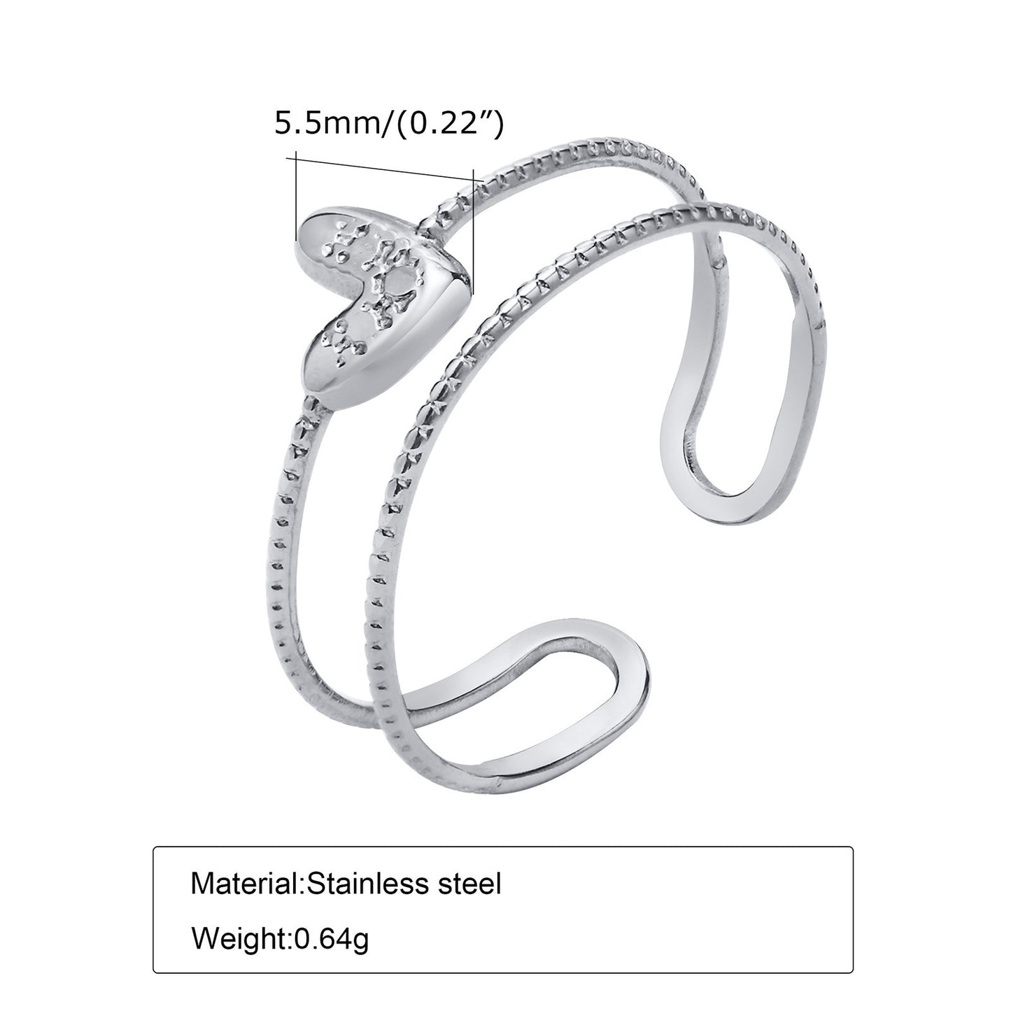 Stainless Steel Heart-Shaped Open Ring Gold Women Fashion Accessories