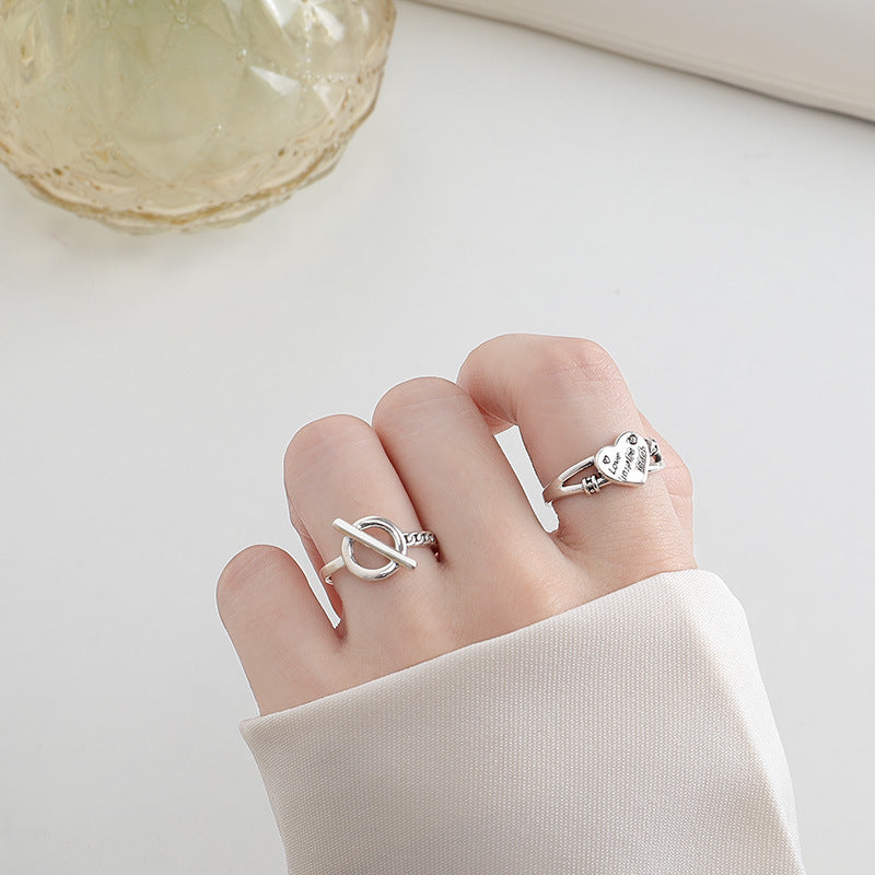 Retro Carved Letter Heart Shape Opening Sterling Silver Ring