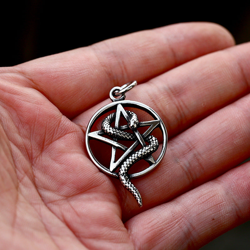 Wholesale Retro European and American Stainless Steel Pendant for Men - Personalized Five-Pointed Star and Coiled Snake Design in Titanium Steel