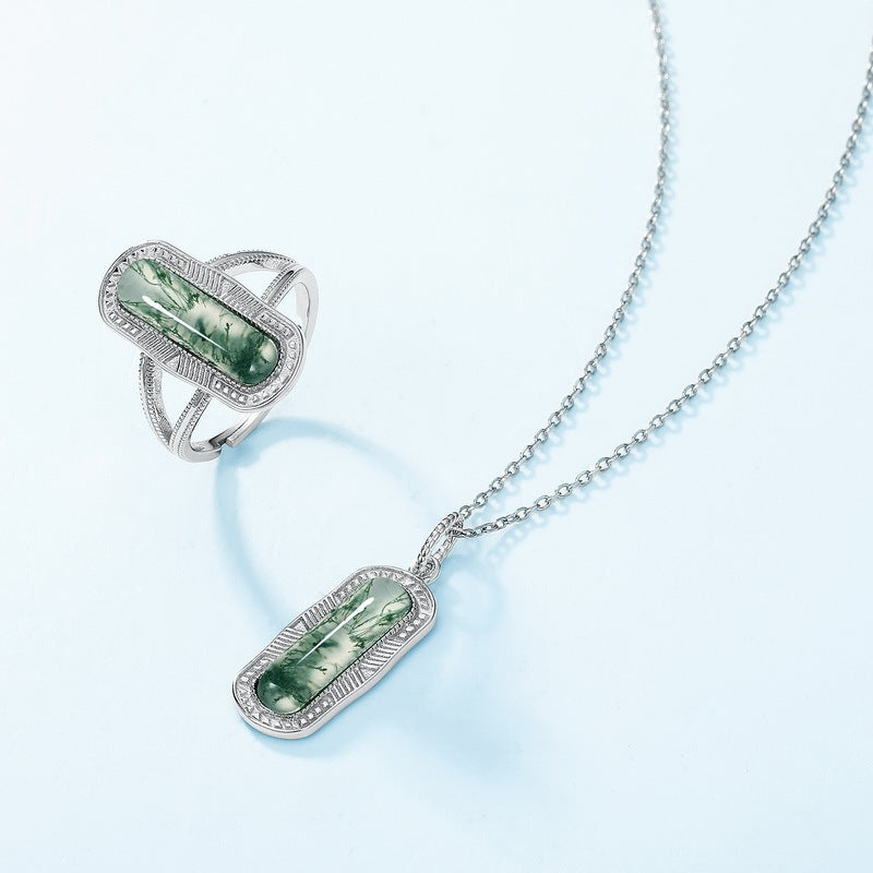 S925 Sterling Silver Moss Agate Pendant Necklace
