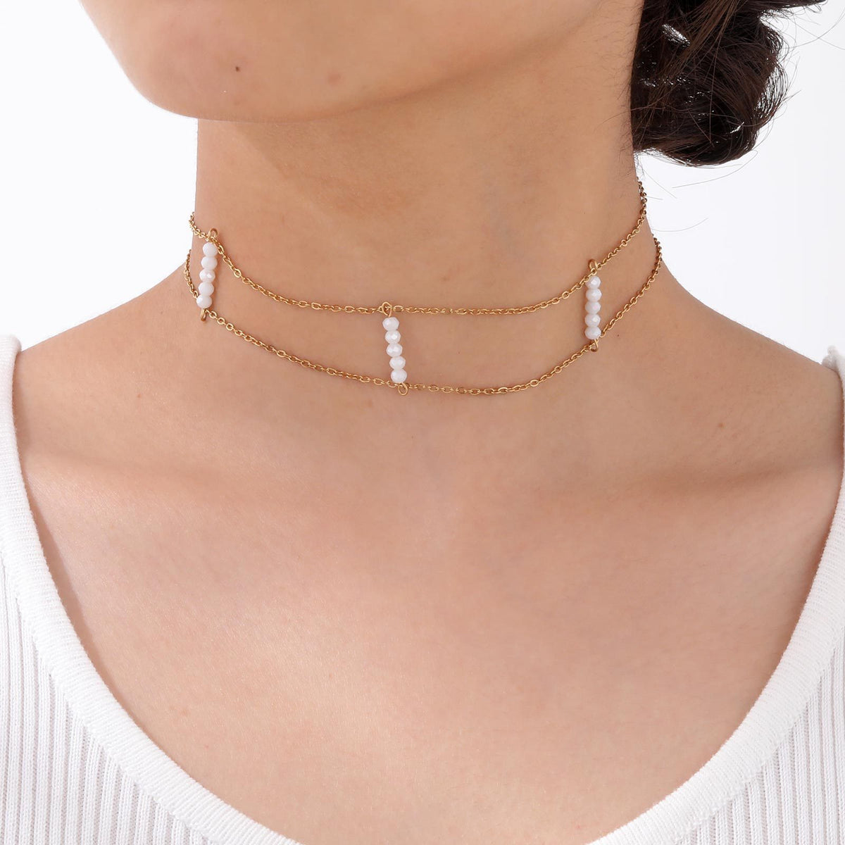 Chokers Stainless Steel Flat Cross Chain White Crystal Cut Beads Double Gold Necklace