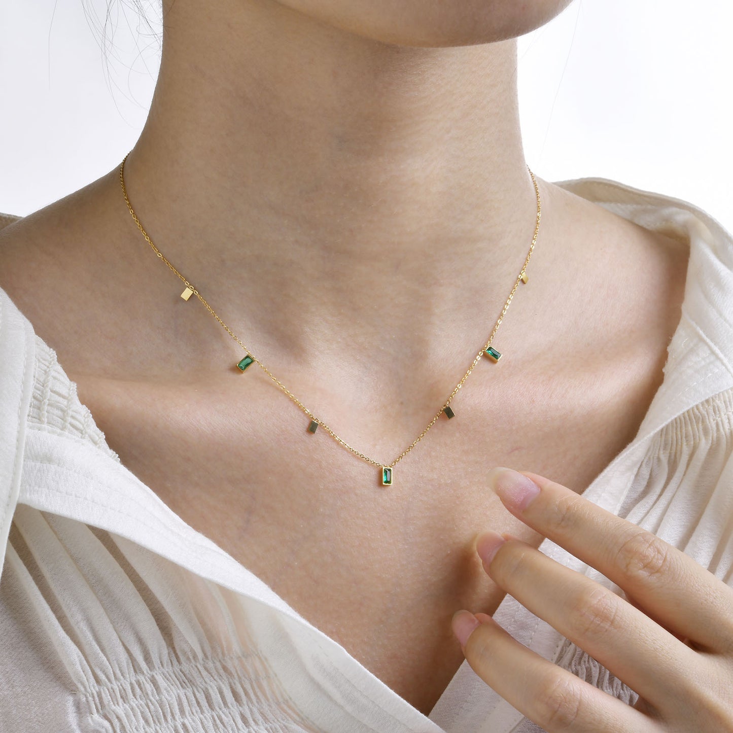 Stainless Steel Green Zircon Rectangular Necklace Gold Female