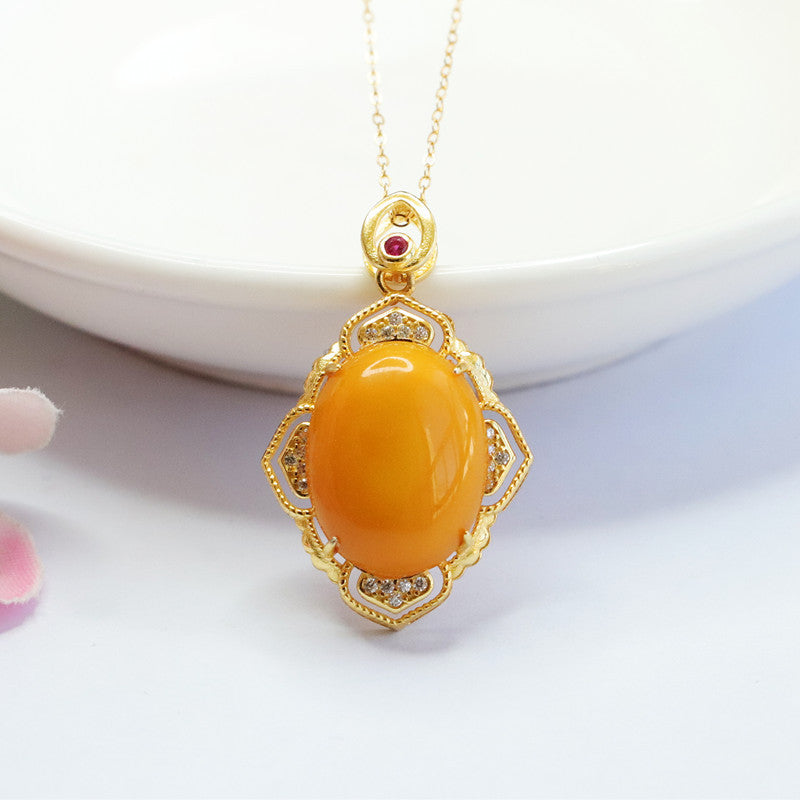 S925 Sterling Silver Oval Beeswax Pendant Necklace with Hollow Petal Zircon Jewelry