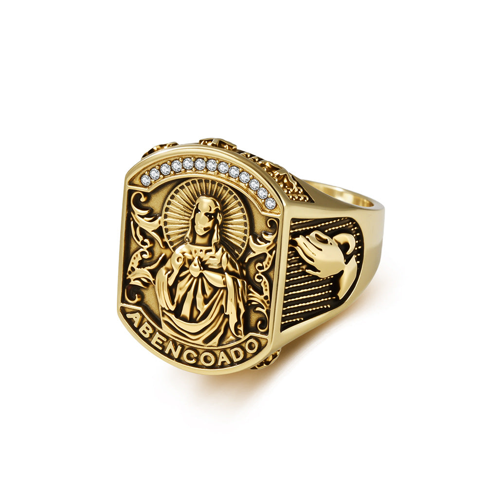 Churches Pray For Blessing & Prayer Hands Stainless Steel Ring Relief Portrait Baroque