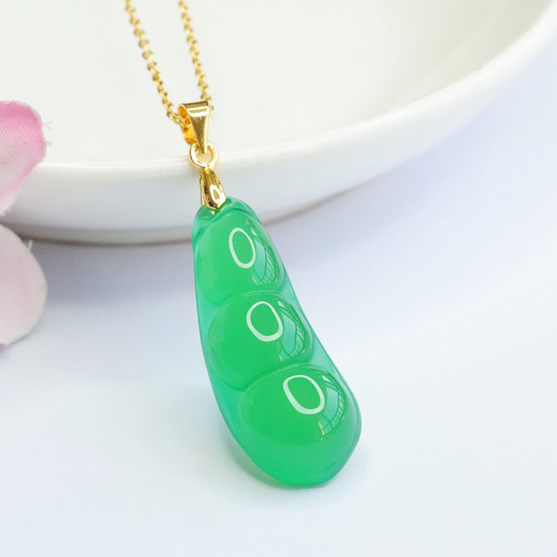 Golden Necklace with Natural Green Chalcedony Pendant