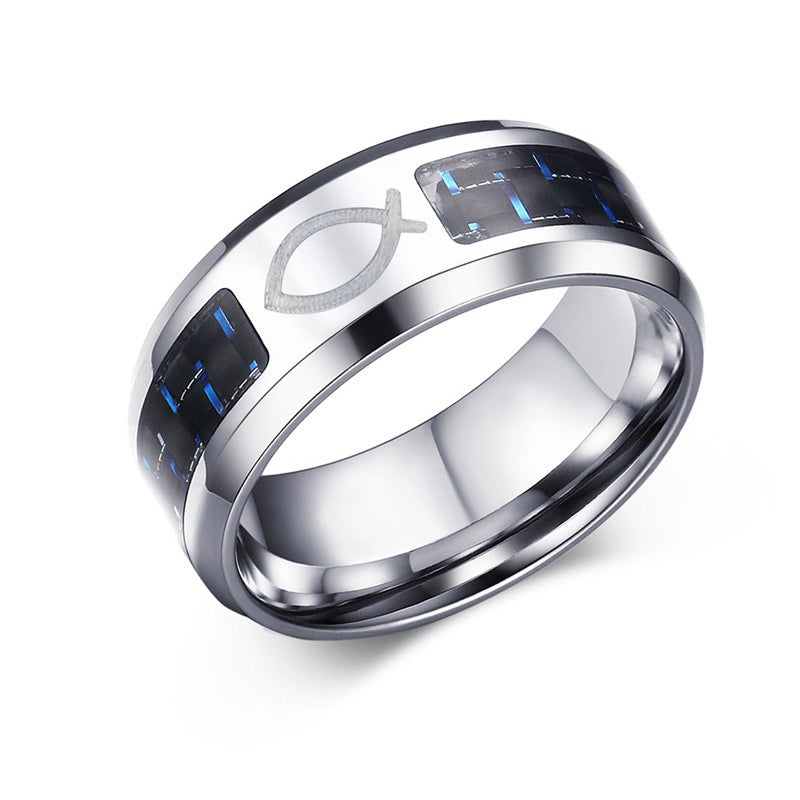 Face Width 8MM Stainless Steel Men's Ring Blue Black Carbon Fiber
