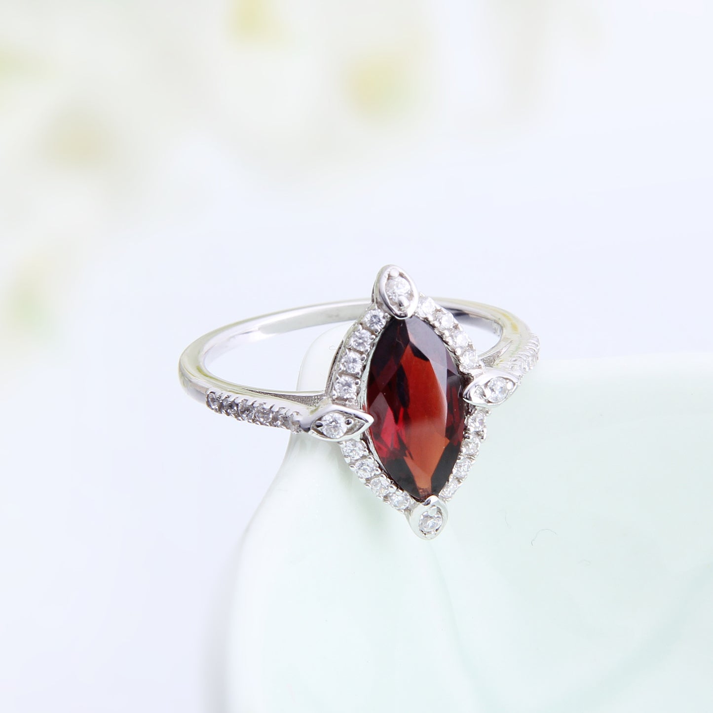Marquise Shape Natural Garnet Stylish Halo Silver Ring