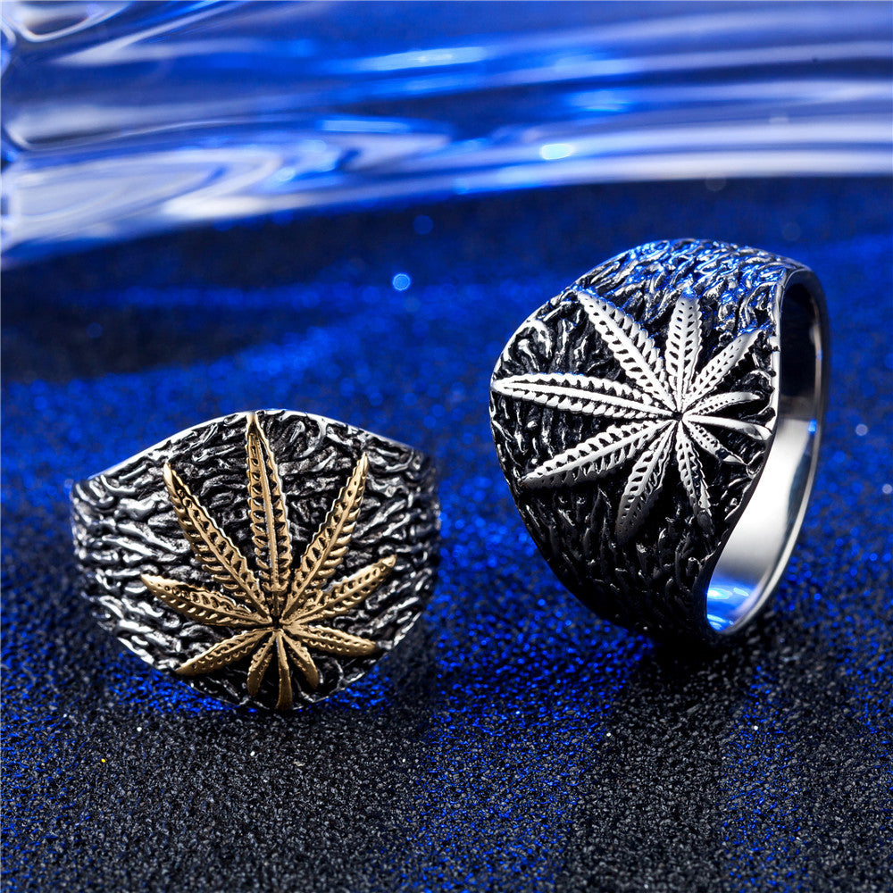 Planderful Titanium Steel Ring For Men And Unisex Retro Leaf Motif Protection Statement