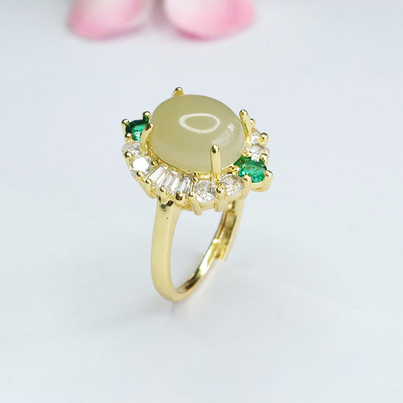 Exquisite Oval Hotan Jade Ring with Luxy Green and White Zircon Halo Features Sterling Silver Craftsmanship Handcrafted for Lasting Beauty and Comfortable Fit.