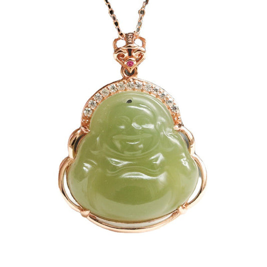 S925 Sterling Silver Maitreya Buddha Necklace with Hotan Jade Pendant