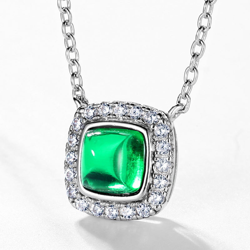 S925 Sterling Silver Lab-Grown Emerald Geometric Pendant Necklace