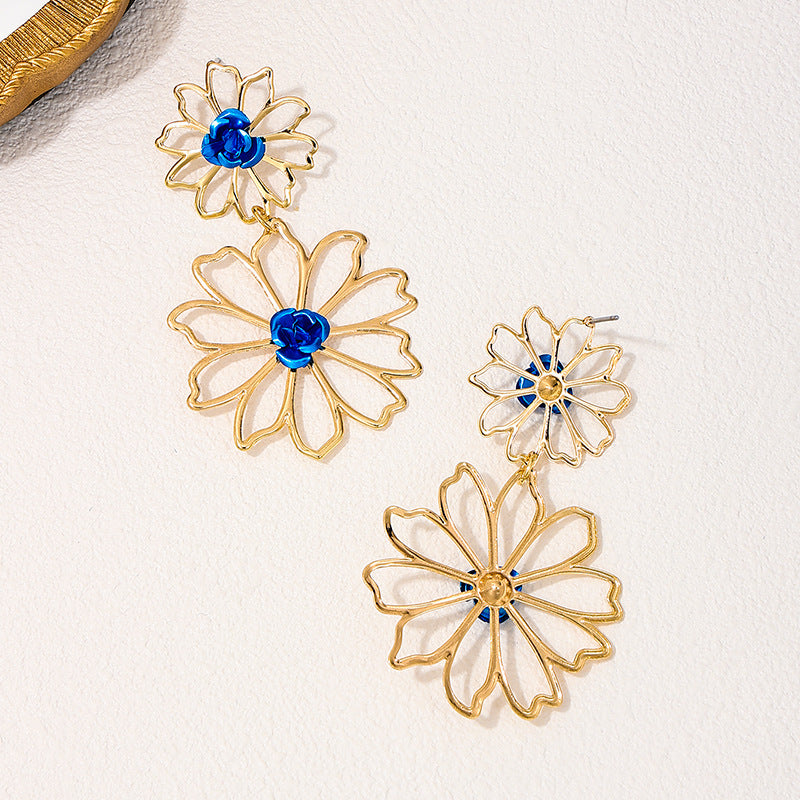 Elegant Double Flower Metal Hollow Earrings - Vienna Verve Collection