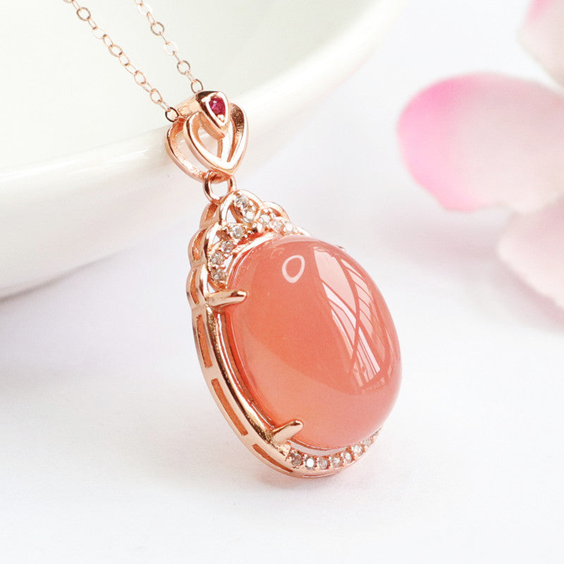 Sterling Silver Zircon Love Rose Gold Necklace with Natural Oval Agate Pendant