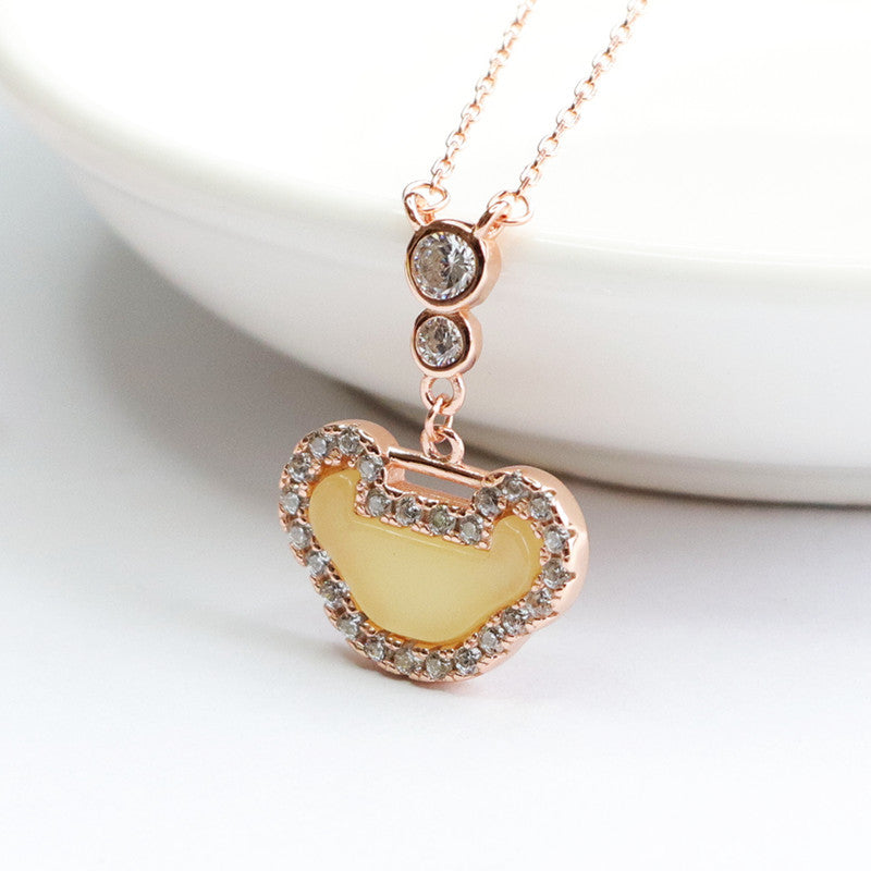 Honey Wax Amber Ruyi Lock Pendant Silver Necklace