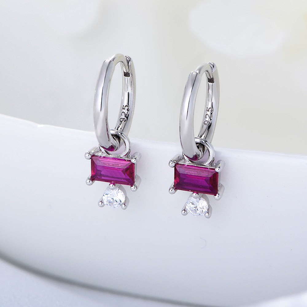 Small Fresh Square Red Zircon Earrings S925 Sterling Silver Earrings High-End Niche