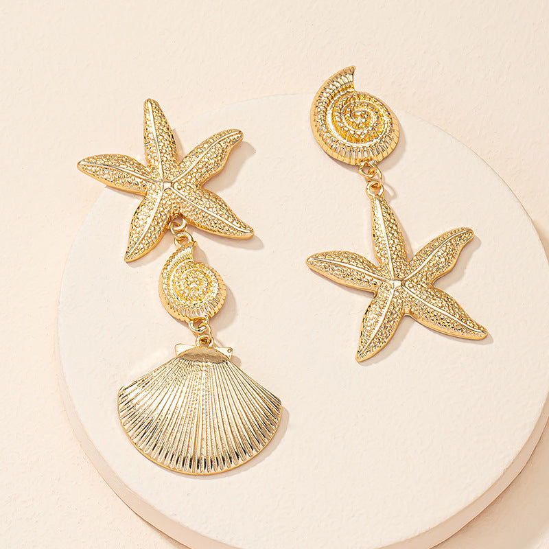 Seashell Starfish Retro Metal Earrings with Creative Twist