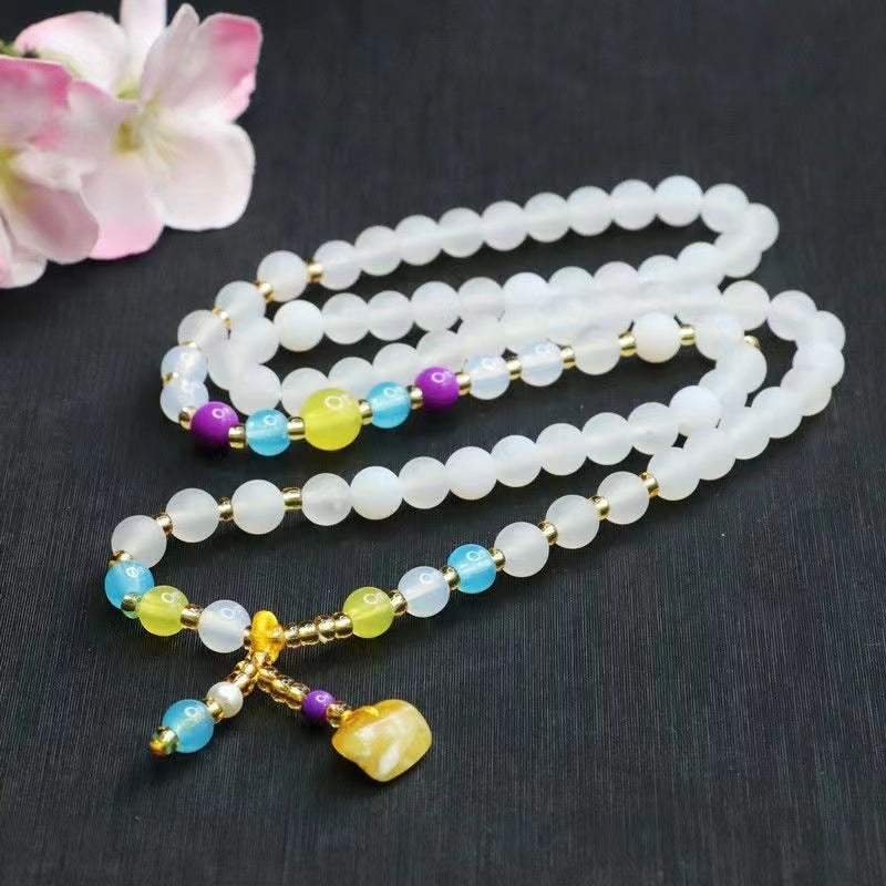 Colorful Agate Tassel Bracelet with White Chalcedony Circles