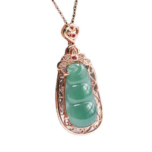 Silver Natural Jade Pendant Ice Blue Green Four Kidney Bean Hollow Necklace