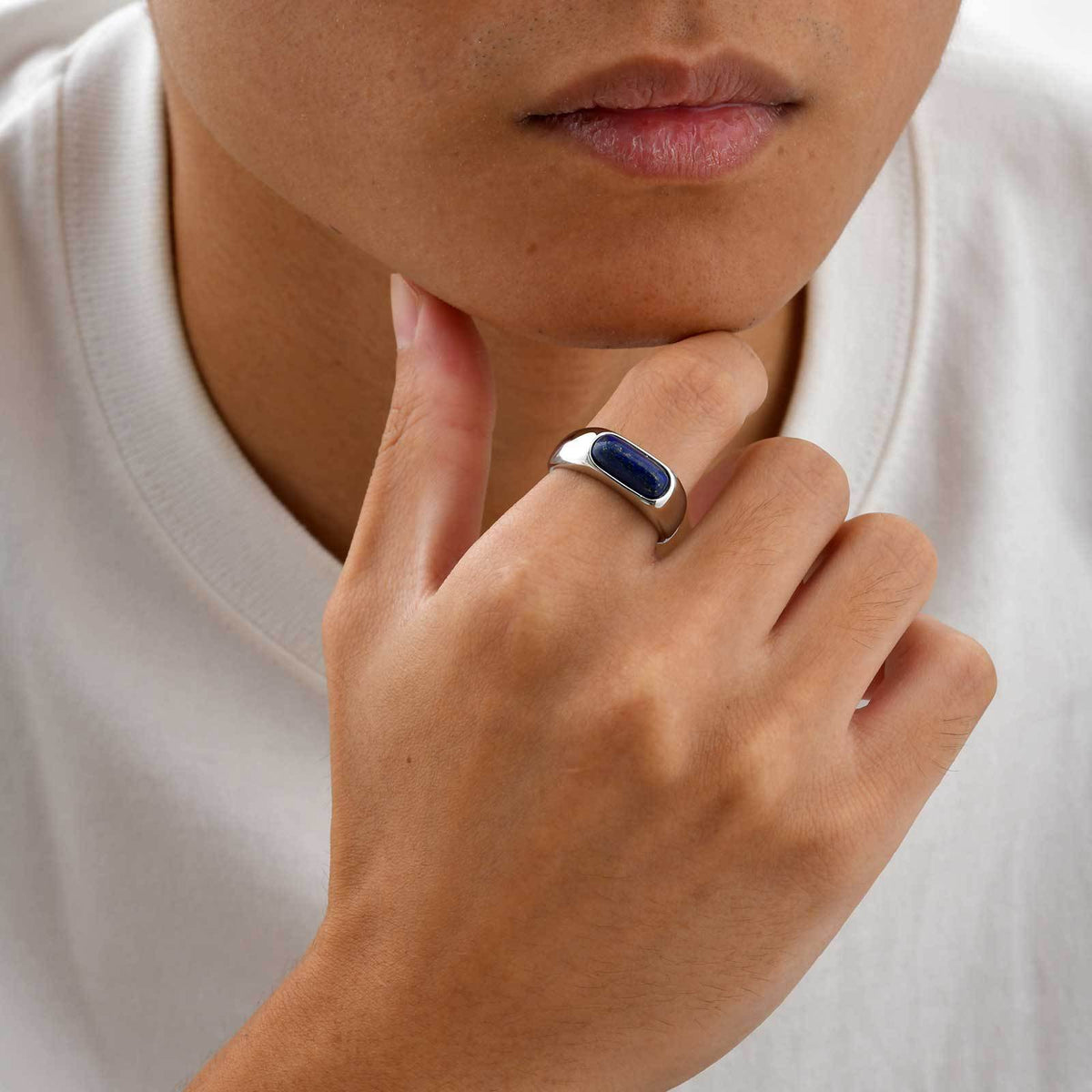 Titanium Steel – Men's Ring – Stainless Steel All-Light Oval Egg Surface Lapis Lazuli Ring