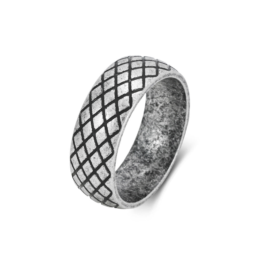 Rhombus Mesh Men's Ring Stainless Steel Antique Plaid