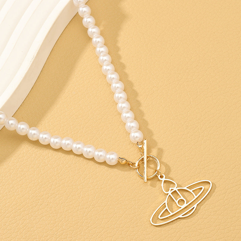 Metallic Planet Pendant and Pearl Bead Necklace - Vienna Verve Collection - Fashion Jewelry