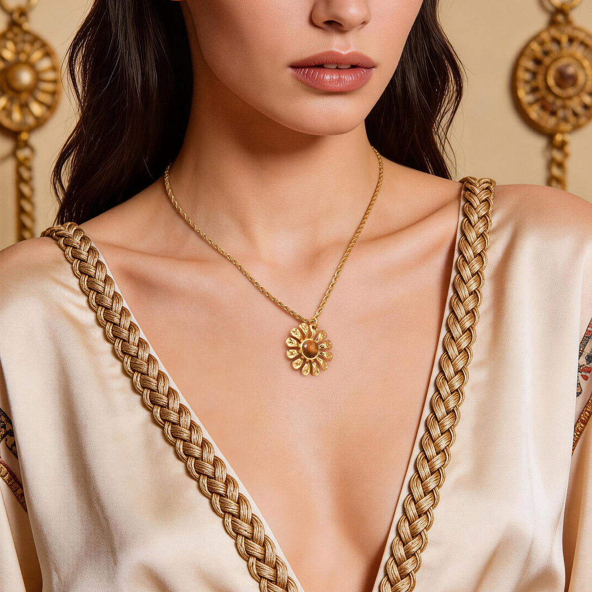 Stainless Steel French Flower Natural Tiger's Eye Necklace