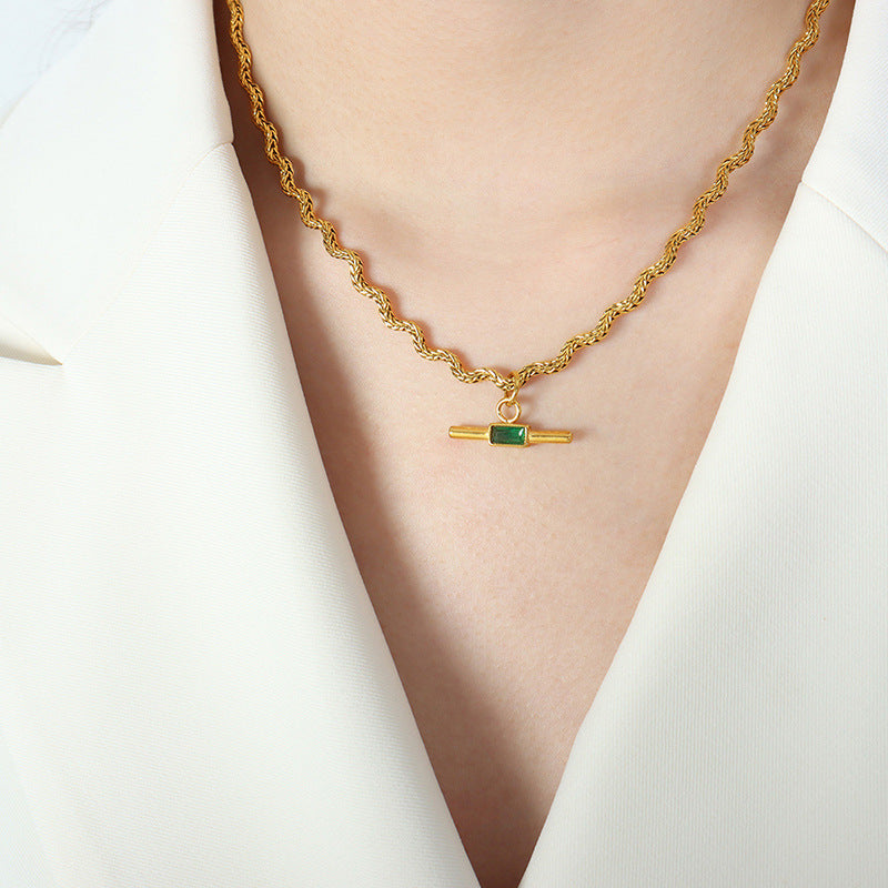 Trendy European-American Glass Inlaid Cone Necklace with Titanium Steel Pendant