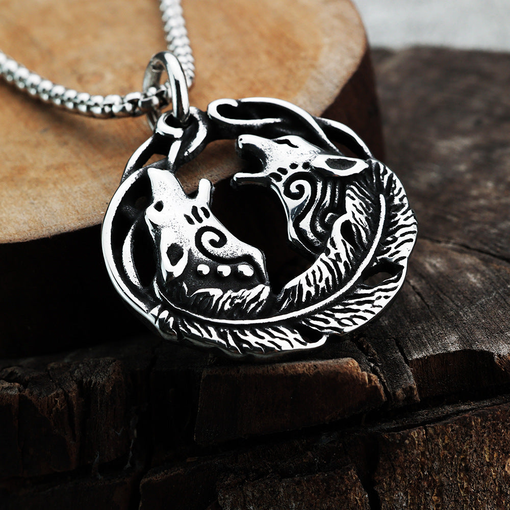 Nordic Ins Style Viking Double Wolf Head Men's Pendant Necklace