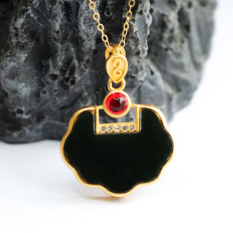 Sterling Silver Natural Hetian Jade Black Jade Ruyi Lock Necklace