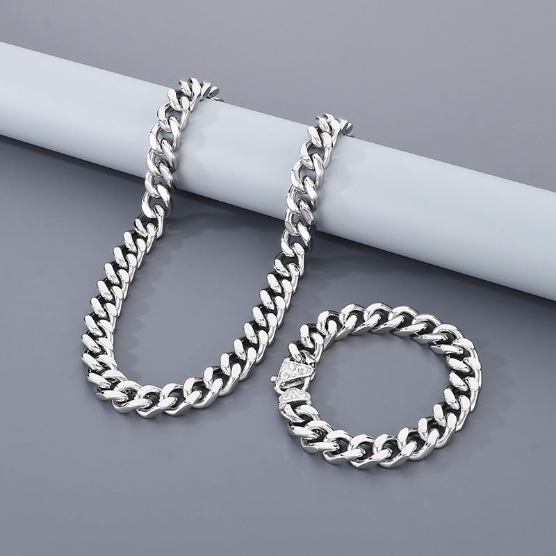 Men's Titanium Steel Necklace, Thick And Wide Whip Chain, Denim Flat Waist Silver