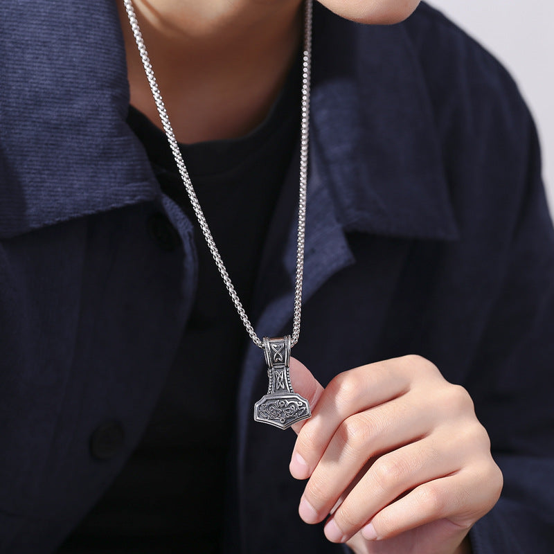 Titanium Steel Necklace – Statement Nordic Odin Thor's Hammer Pendant For Men, Viking Totem Jewelry