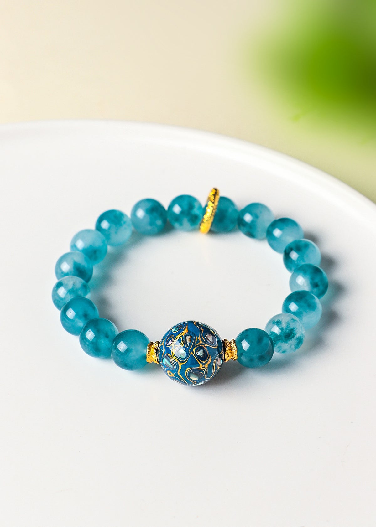 10 mm Blue Chalcedony Lacquer Bead Bracelet
