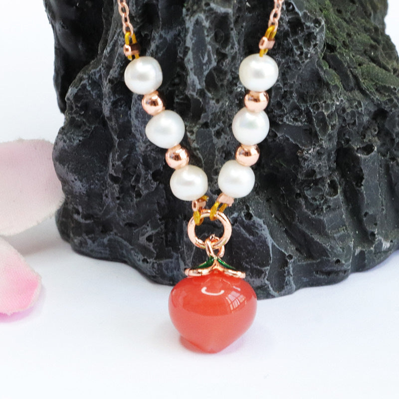 Sterling Silver Agate Peach Pendant Necklace with Pearl Beads